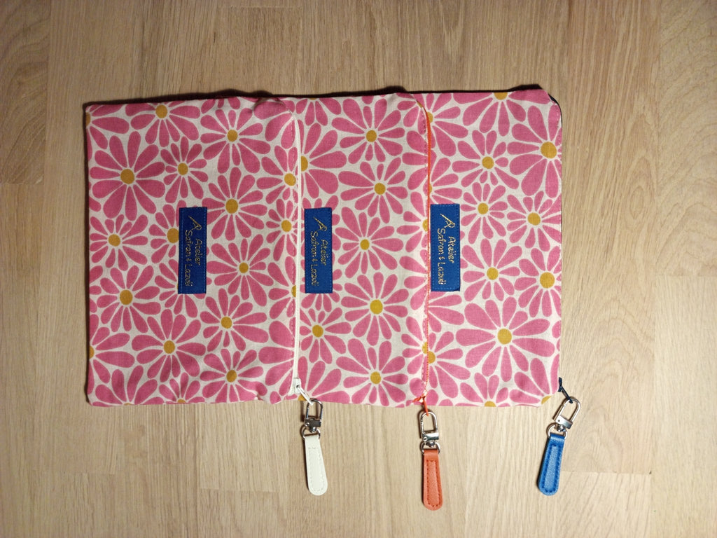 3 Grandes pochettes intuitives coton fleurs roses - Atelier Safran & Lazuli