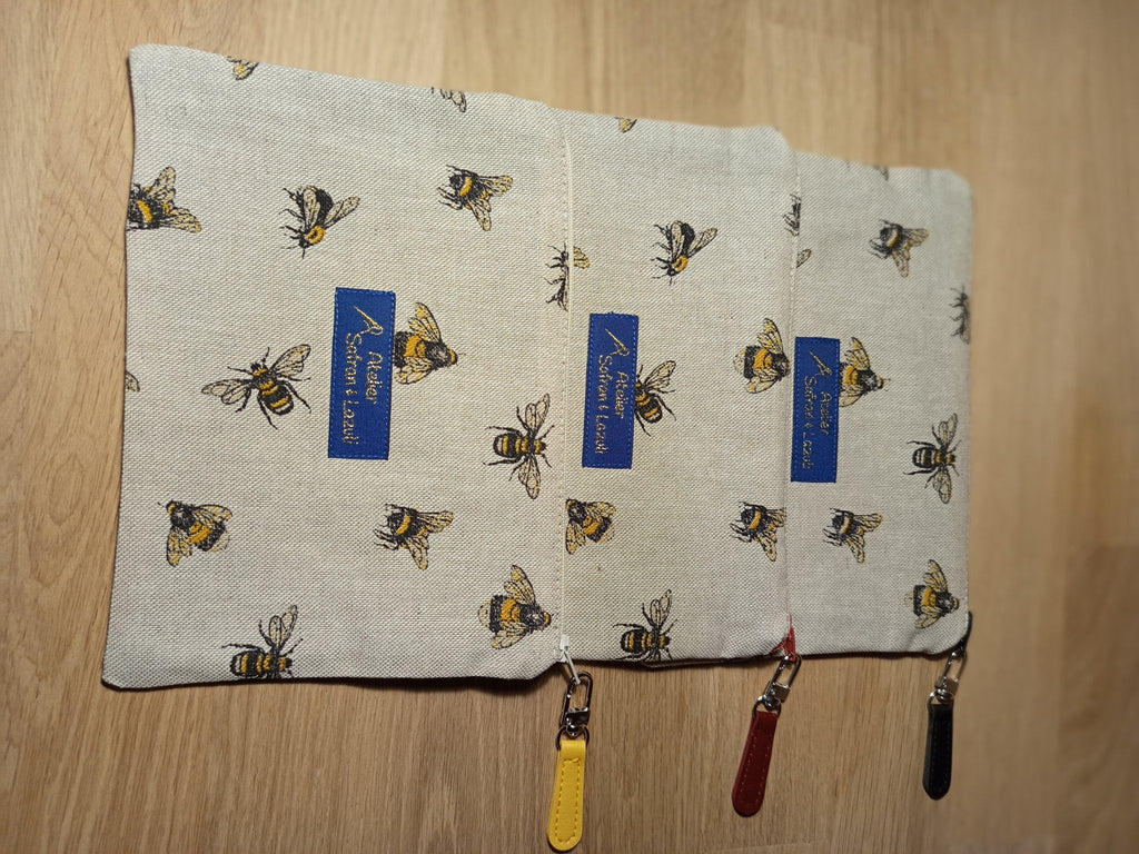 3 Grandes pochettes intuitives lin imprimé abeilles - Atelier Safran & Lazuli