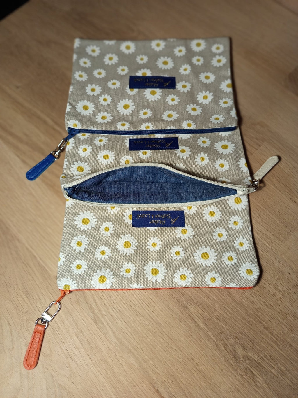 3 Grandes pochettes intuitives lin imprimé pâquerettes blanches - Atelier Safran & Lazuli