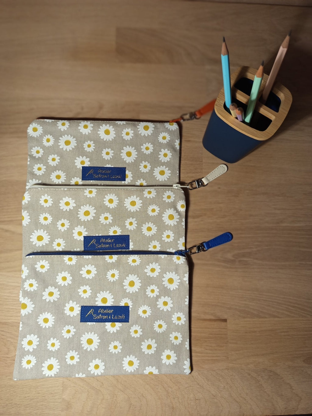 3 Grandes pochettes intuitives lin imprimé pâquerettes blanches - Atelier Safran & Lazuli
