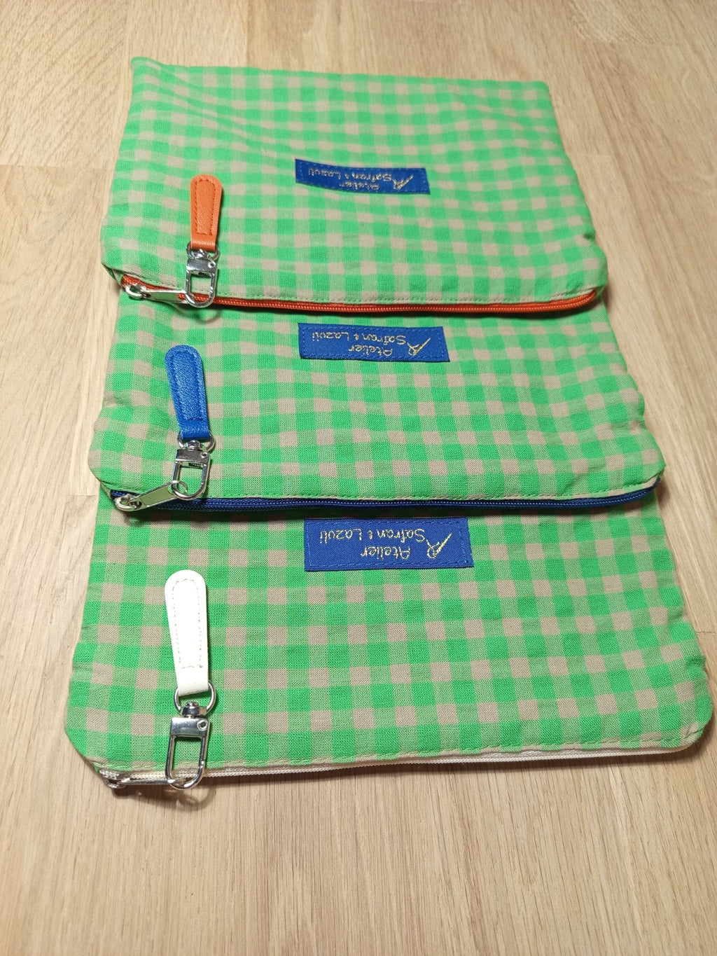 3 Grandes pochettes intuitives vichy vert prairie - Atelier Safran & Lazuli