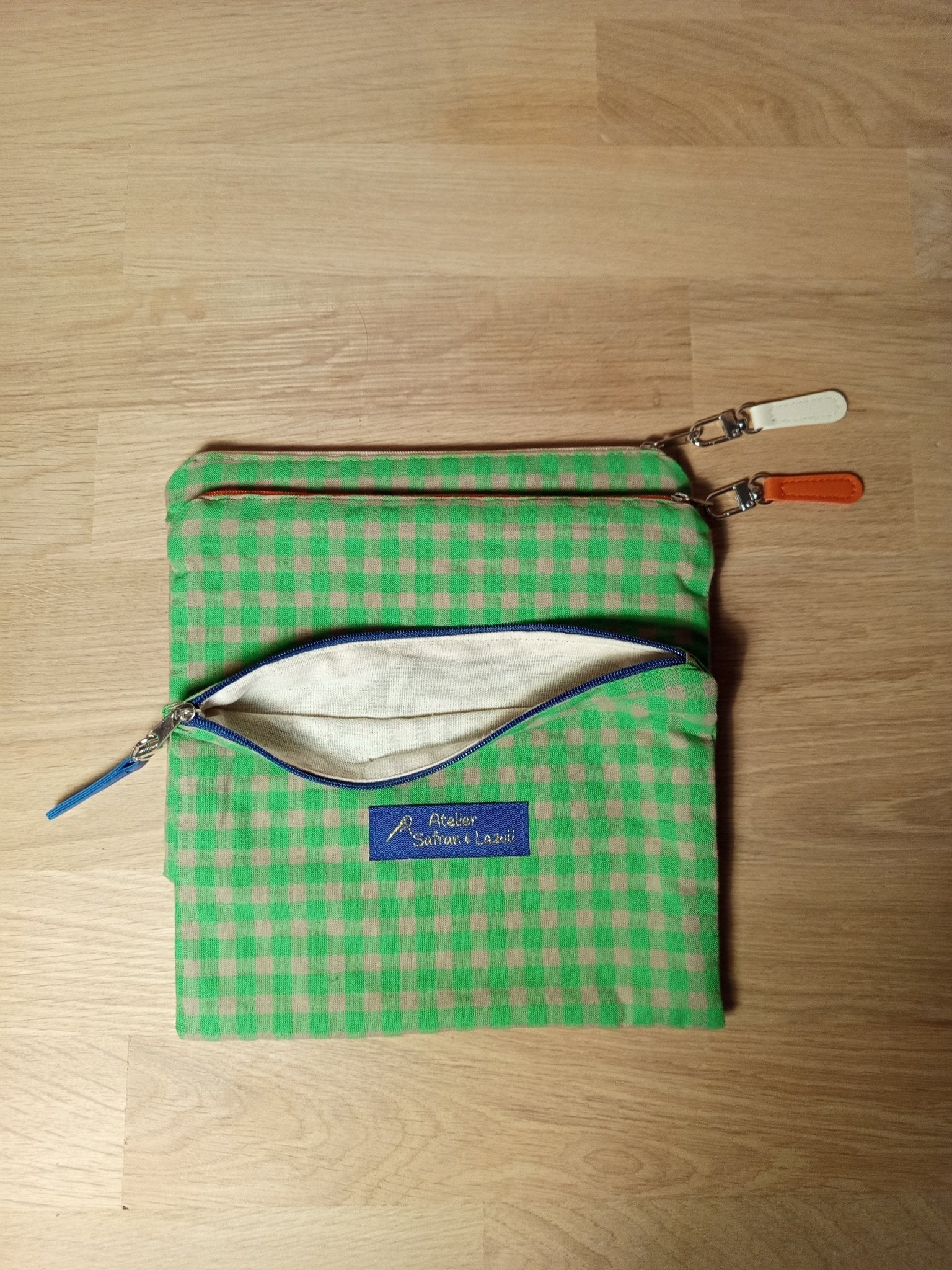 3 Grandes pochettes intuitives vichy vert prairie - Atelier Safran & Lazuli
