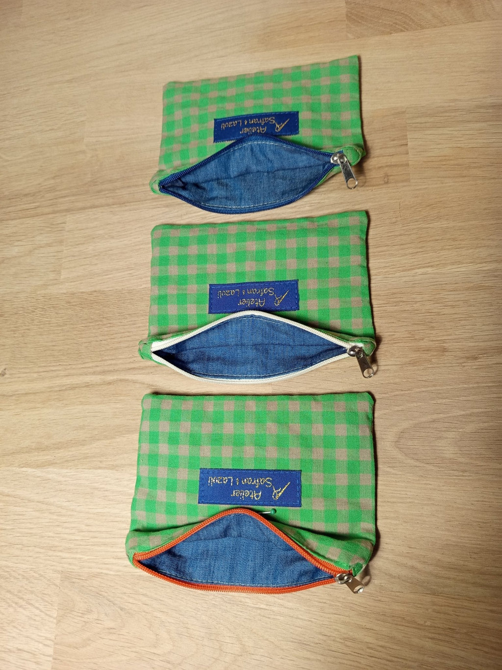 3 Petites pochettes intuitives vichy vert prairie - Atelier Safran & Lazuli