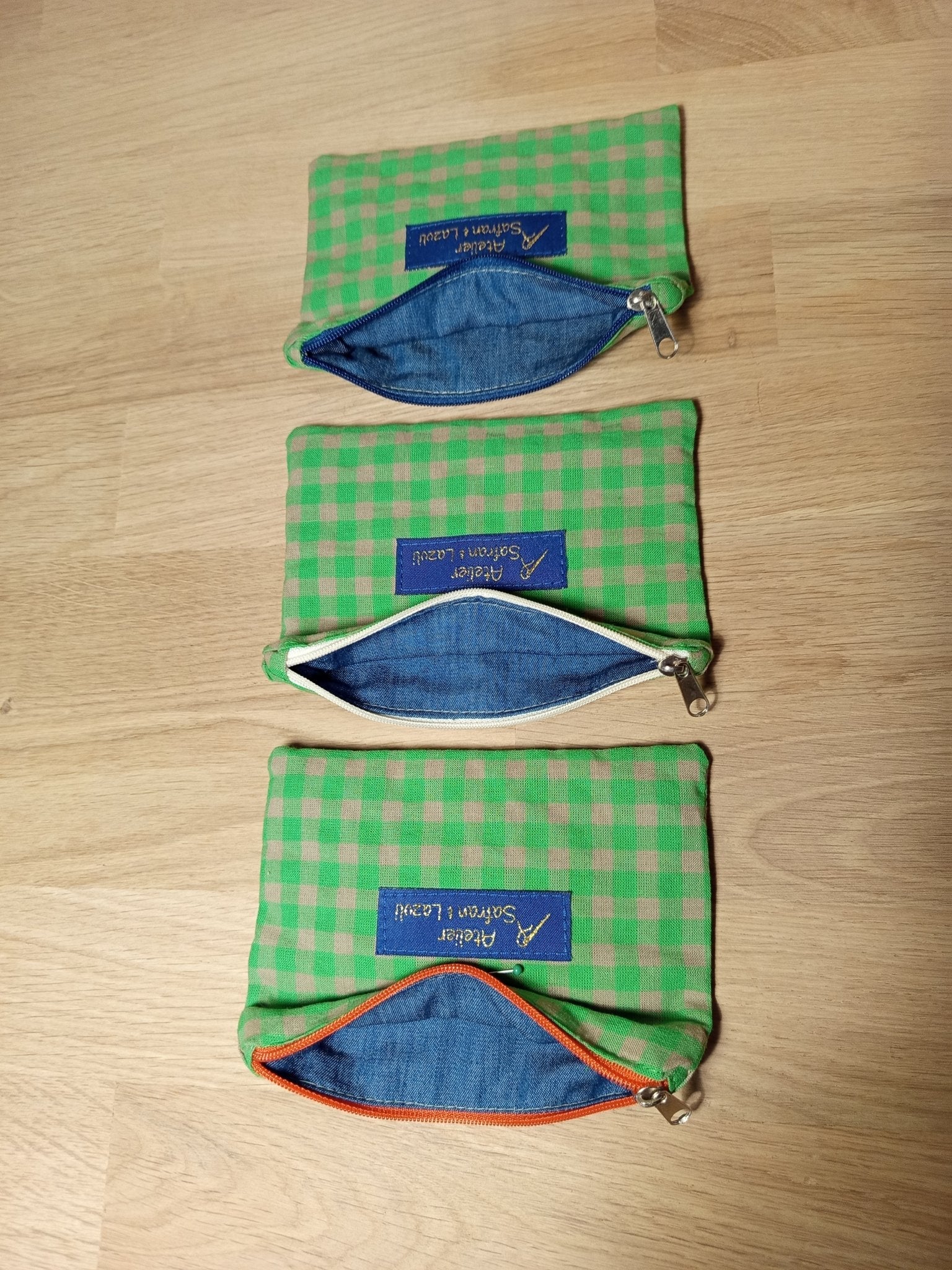 3 Petites pochettes intuitives vichy vert prairie - Atelier Safran & Lazuli